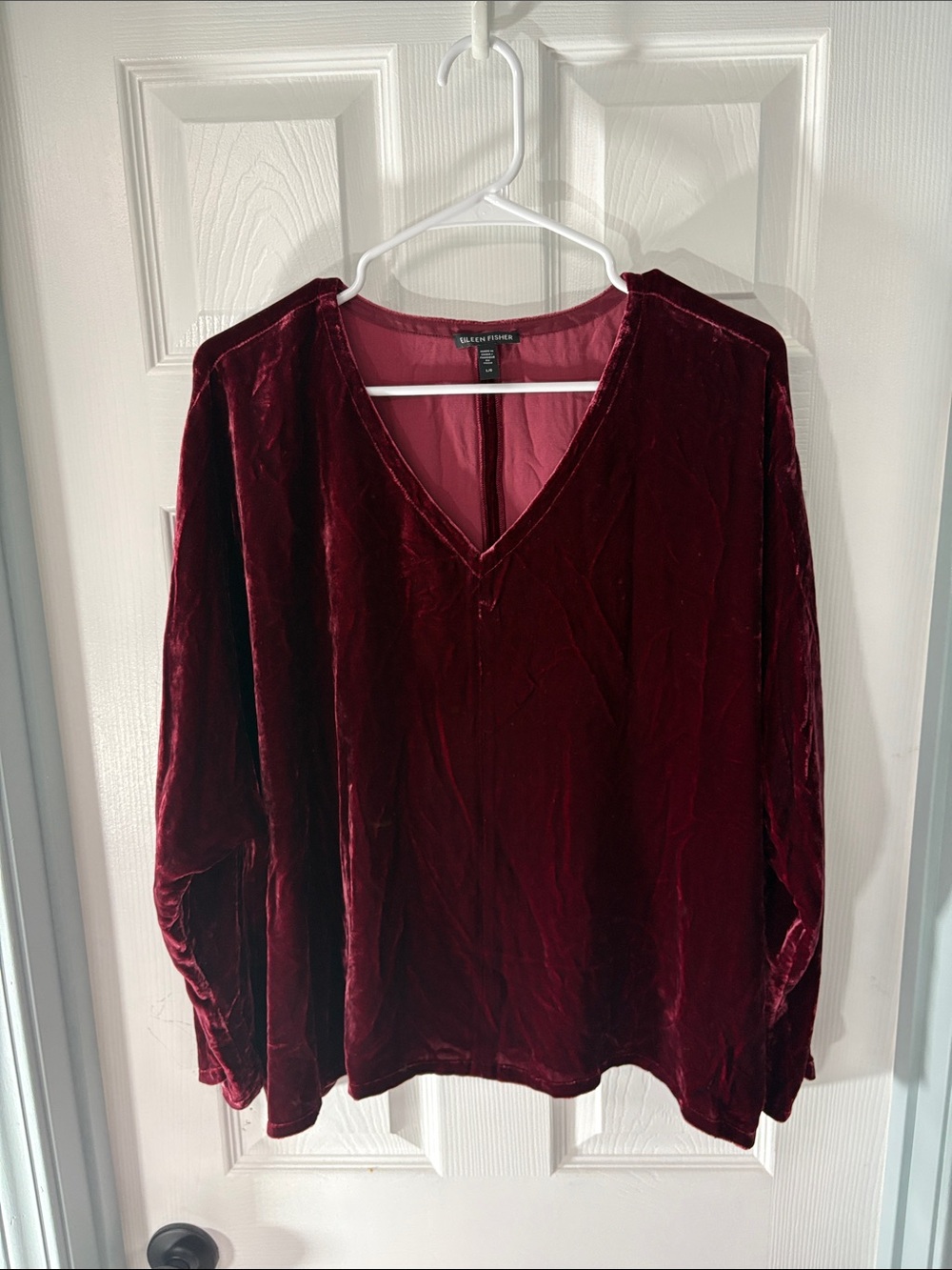 Eileen Fisher Silk Velvet V-Neck Dolman Sleeve Top Deep Claret Large EUC